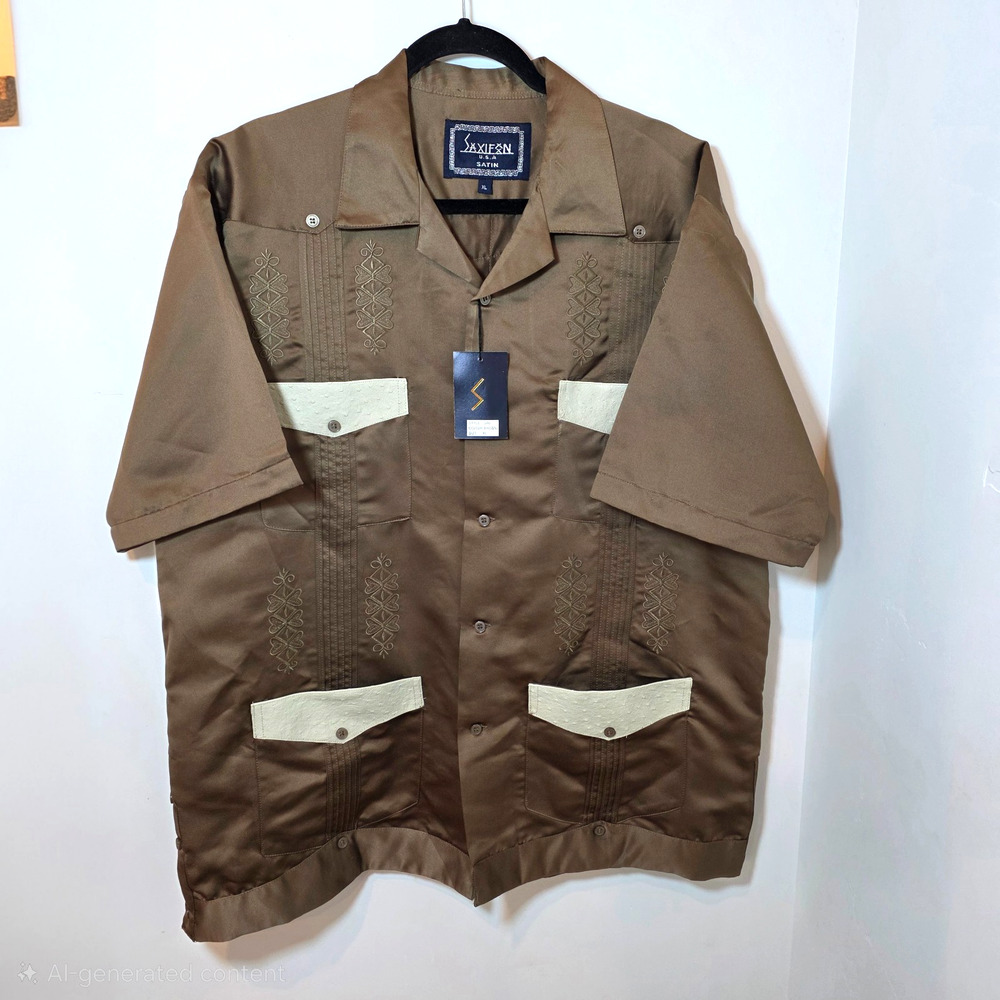 VTG Guayabera Shirt Mens XL Brown Satin Ostrich Embossed 4 Pockets Dead Stock